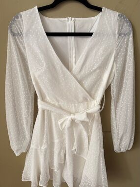 White Swiss Dot Tie-Waist Wrap Dress